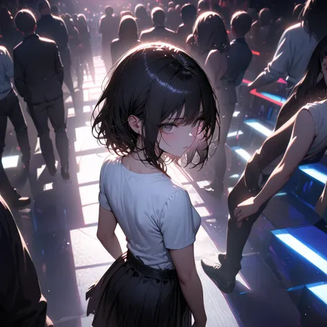 Masterpiece, best quality, super detailed, illustration, Korean woman, back view, dancing in club, white t-shirt, black skirt, plain clothing, no accessories, small breasts, no skin exposure, first-person perspective, vibrant club lighting, dynamic pose, e...