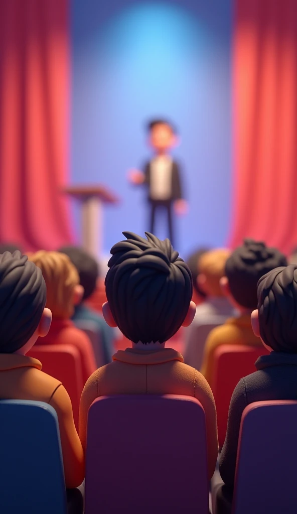 3d pixer cartoon Pakistan:A person in an audience, inspired by a speaker standing on a stage with a confident expression.