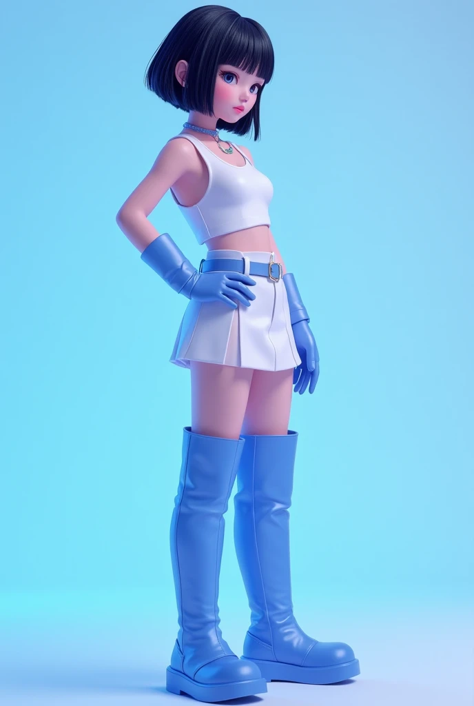 A realistic virtual kpop girl in black step step short haircut wearing white classy crop top white short skirt blue handgloves  belt blue long boots a bit side half bandind on her knees like models in plain neon blue background