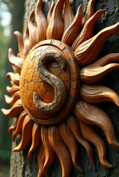 Make a sun with letter s in the middle of the sun of wooden. Make a realistic with intense 