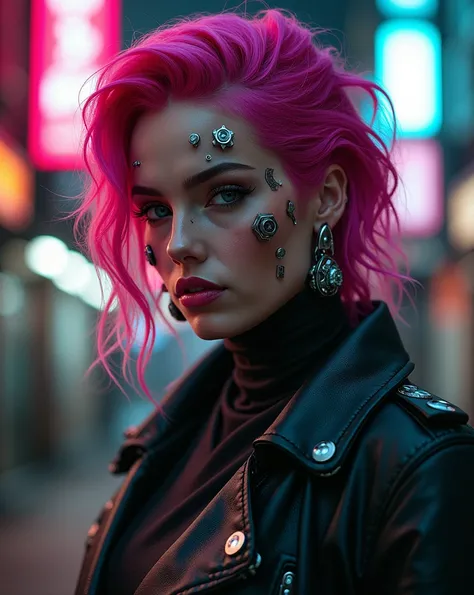 cyberpunk, fat girl, journalist, pink hair,  cyberware on face, 