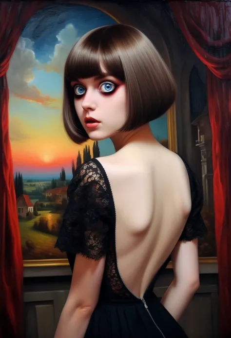 [[(  full-length frontal portrait  :  young Lacey Shaber in a black dress with an open back ((  tenebrosso  , lights  (aesthetics, One!!!)   with big beautiful eyes and a bob haircut , Crimson)(( Kuno-Amiyet style  !!!))])):20]/[background: Renaissance lan...