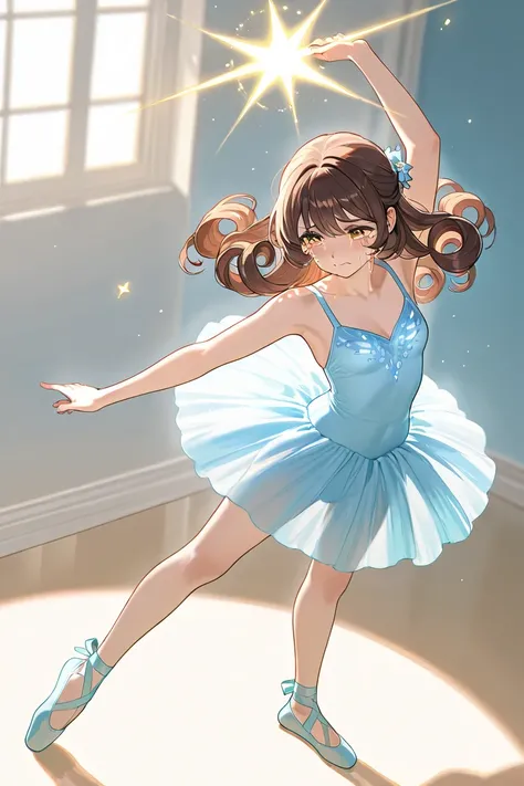 A woman that is a ballerina. She has long curly brown haired with shinny golden eyes holding light blue ballet slippers. There is magic flowing and stars surrounding her. Shes crying. 