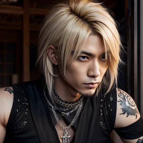 1 man Japanese gothic rocker man, Male, Asian eyes,  muscular, wide shoulders, Tattoos,  black mens shirt and black pants, ultra detailed face and eyes, Hyperrealistic, realistic presentation, 30 years old, Age 30 years, blond, Visual Kei hairstyle 