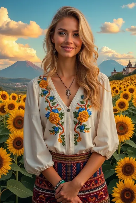  Creating a detailed and vibrant image of Alexia Petrenko ,  a 23-year-old digital influencer from Ukraine who lives in Guatemala .  Golden blond hair that falls into soft waves up to her shoulders ,  deep blue eyes that reflect determination and a kind sm...