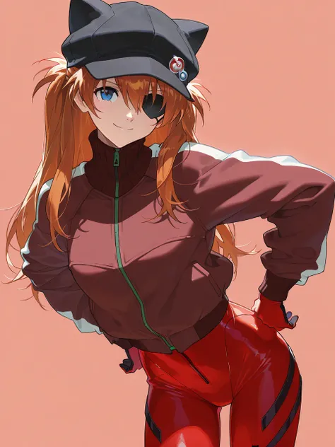  top quality , masterpiece,         ,          1 girl,   ,         viewers,  ,      smile,,        Neon Genesis Evangelion 、       Shikinami Asuka Langley、      red jacket , Red plug suit under jacket, Cat hat,        eye patch,  cowboy shot,  simple backg...