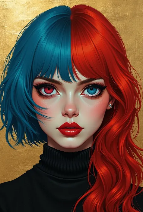  Create an image inspired by the cover of the album My Beautiful Dark Twisted Fantasy by Kanye West .  I want the two main characters to be replaced by two women :  one with short blue hair and a calm expression ,  and another with long red hair and a stro...