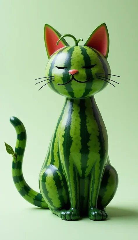 The fusion of the cat and watermelon appears as an enchanting and imaginative hybrid. The cat’s body is completely transformed into the shape and texture of a watermelon, with dark green and light green striped patterns covering its entire form. The head o...