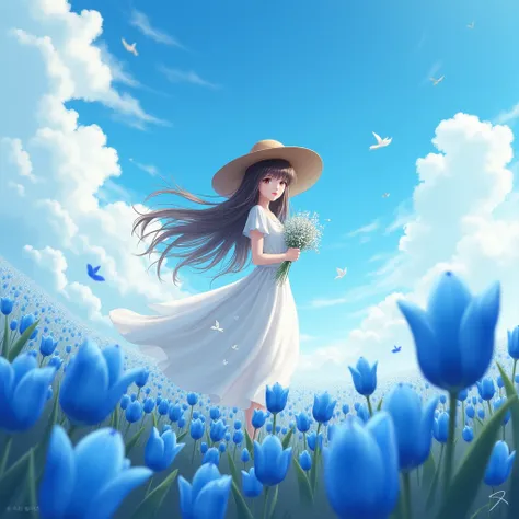 A woman with long brown hair, a cute face is in a field of blue tulips, a mesmerizing beautiful sky, a white dress, wearing a brown hat, holding flowers, with a gentle breeze.