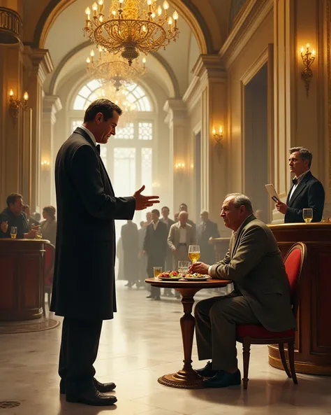 A concerned man pointing toward a beggar eating at a small table in a bustling hotel, speaking to a thoughtful hotel owner standing behind the counter