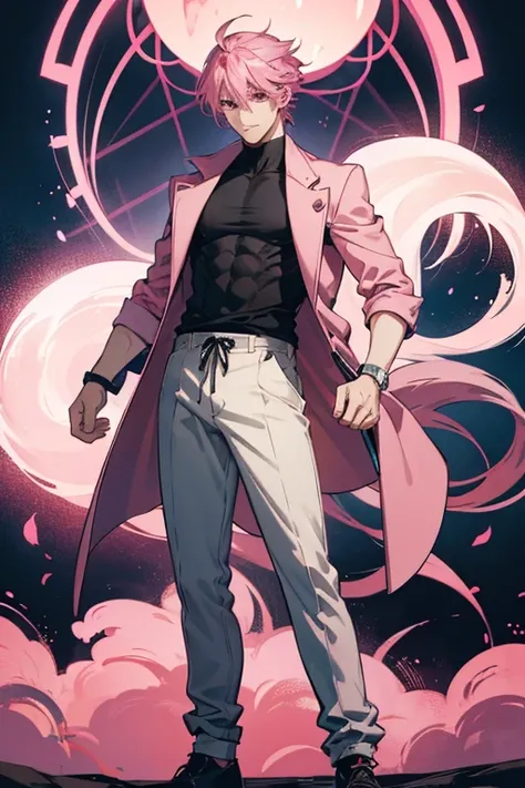 anime boy, pink hair, pink eyes, cool, tall, handsome, casual style, adult, standing pose, make good quality picture, make it real and smooth