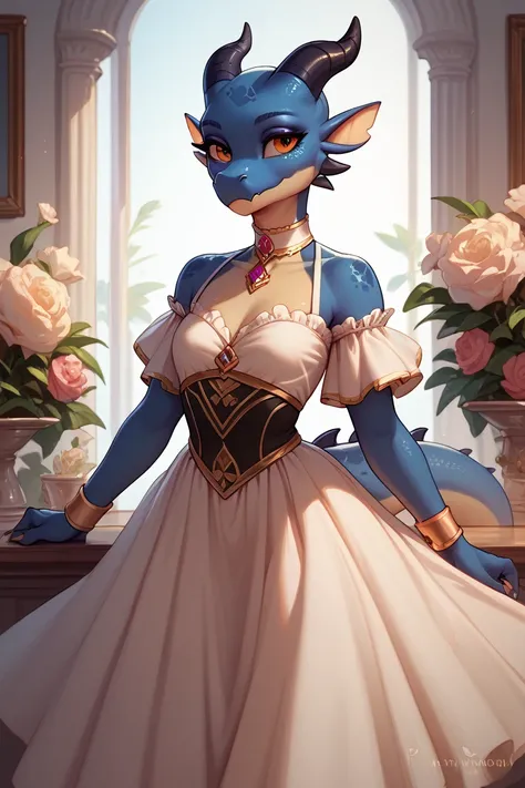 black female kobold, female black dragon, wearing a dress, lute, no wings, musical performer clothing