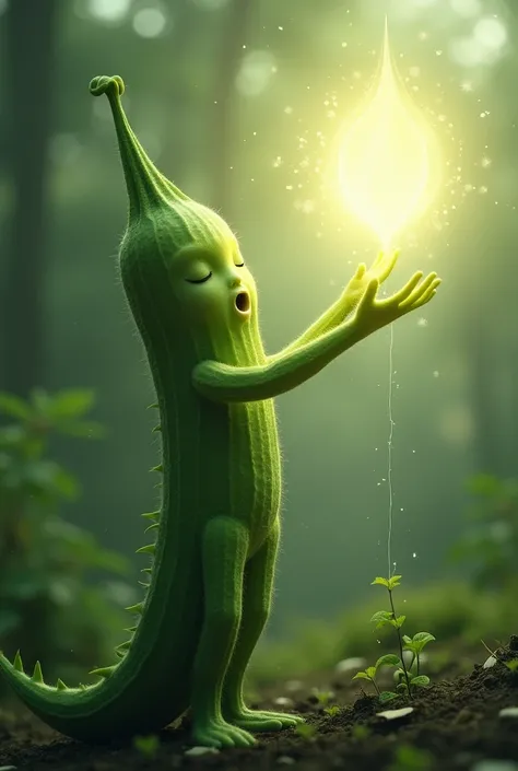 An image of a living thing called okra stretching out one hand towards the energy emanating from light