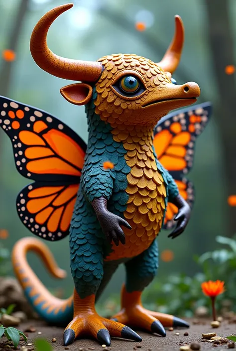 Make alebrije mixed with Bulls Head, Eagle Body, Monarch Butterfly Wings, Horns of the axolotl, foot and hands just like an axolotl, vipers tail, long beak of a hummingbird.