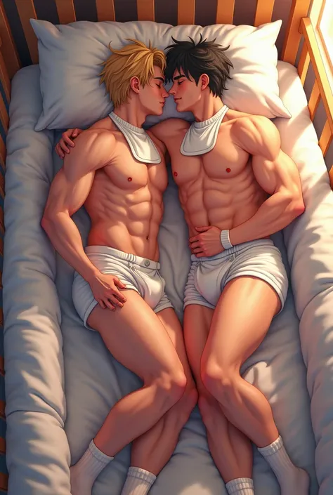 Anime style. Two handsome men cuddling in a giant  crib. One man is blond 22 years old, the other man dark haired muscular go 44 years, they  wear padded diaper, bib, socks.