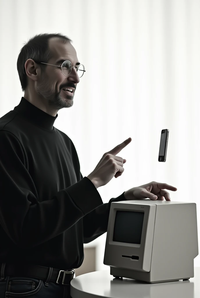 Steve Jobs presenting the Macintosh. His hand rests on the first Macintosh while pointing towards the future. On the right side of the frame, the first iPhone hovers, emphasizing the connection between the two revolutionary products. The background is simp...