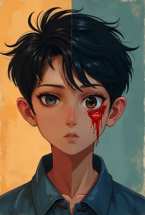  Generate a beam image of a 14-year-old boy , black hair and brown eyes,  brown skin,  I want half of his face to be happy that the boy looks good and on that side that the background is colorful and cheerful,   and on the other side of his face I want him...