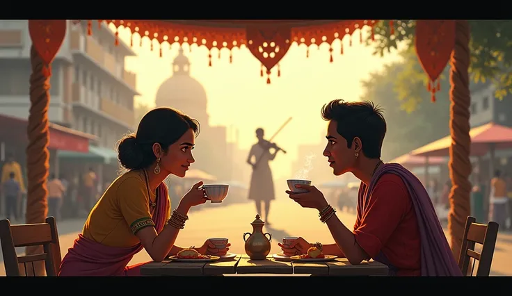 Two Indian friends sitting on a tea stall and turning left and see a shadow of a man in long distance of them play violine।