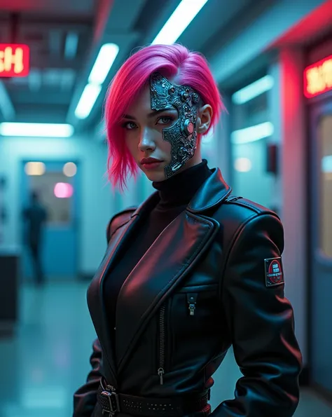 cyberpunk, cyberpunk detective, in cyberpunk police station, cyberpunk uniform, ,  pink hair,  cyberware on face, 