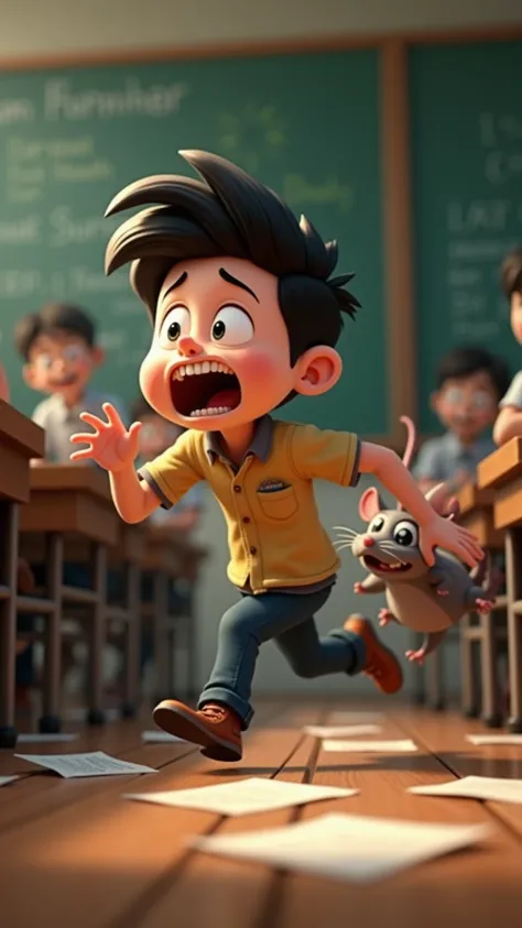 Animated elementary schoolboy funny running scared chased rat that many from behind, realistic