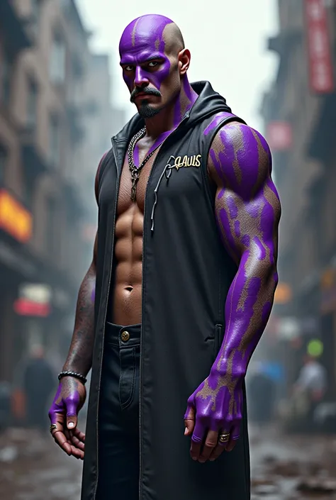 1,95m ,  purple shaved hair with paints ,  brown-eyed ,  closed goatee , big mustache,  burn scar all over the right arm.