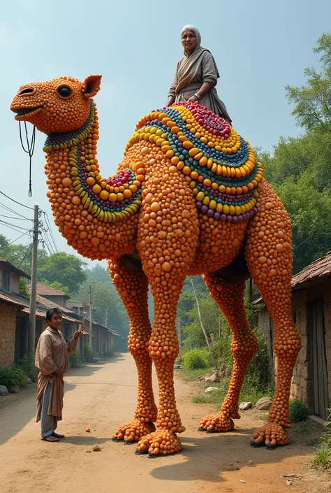 A poor old Indian woman made a huge standing camel out of fruits near the road in the village