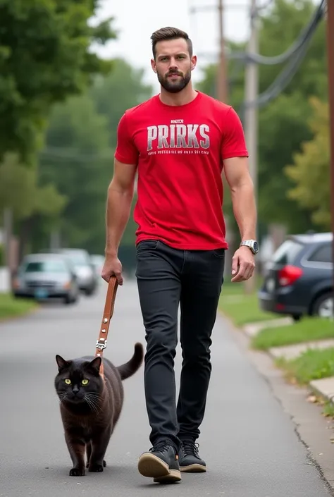 A man wearing a red t-shirt with the inscription firmly wearing black jeans holding a brown giant cat leash walks on a paved road in a residential background 