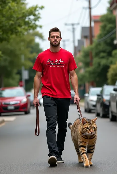 A man wearing a red t-shirt with the inscription firmly wearing black jeans holding a brown giant cat leash walks on a paved road in a residential background 