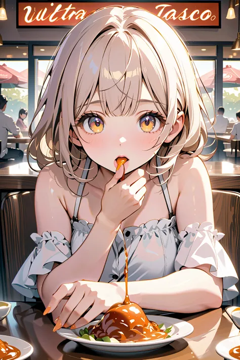 solo girl, lick tabasco off your fingers, severe pain, family restaurant, seated at table, shiny skin, big eyes, beautiful fingers, (masterpiece, ultra detailed, top quality), anime.