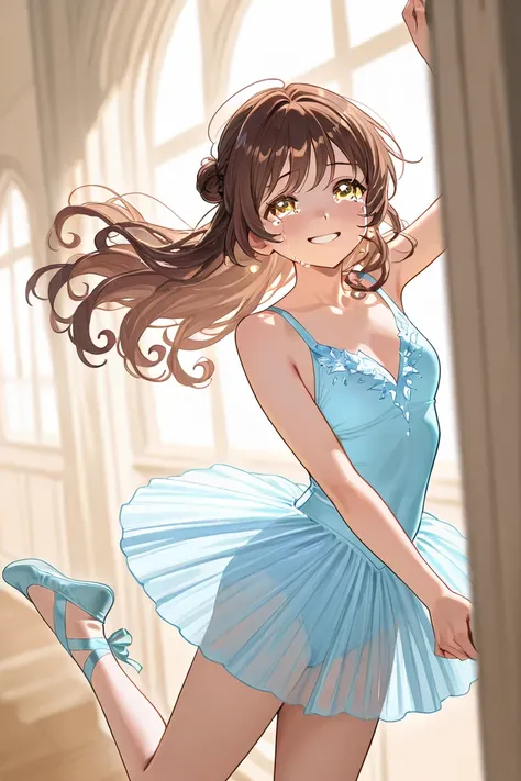 A woman that is a ballerina. She has long curly brown haired with shinny golden eyes holding light blue ballet slippers. There is magic flowing and stars surrounding her. Shes smiling, but crying 