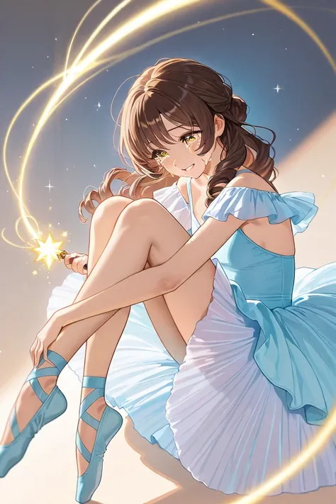 A woman that is a ballerina. She has long curly brown haired with shinny golden eyes holding light blue ballet slippers. There is magic flowing and stars surrounding her. Shes smiling, but crying 