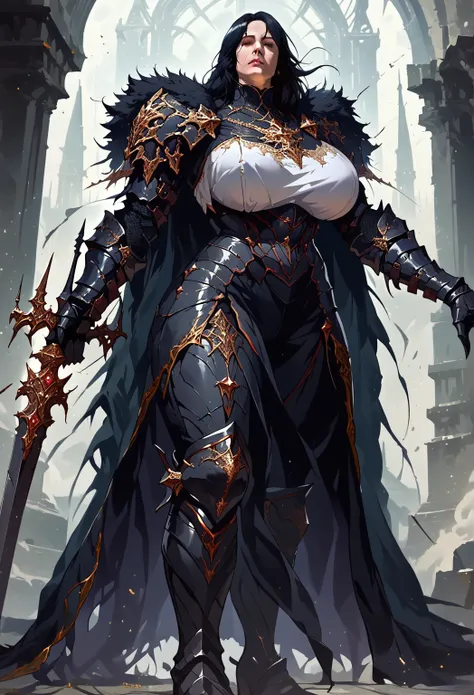 A portrait image of a tall, toned, buff, burly, muscular, thick arms, thick legs, mature woman, milf, gilf, black hair. pauldrons, boots, expressionless, knight, in front of a building, fallen knight, gothic knight, evil knight, fantasy knight, knight, roy...