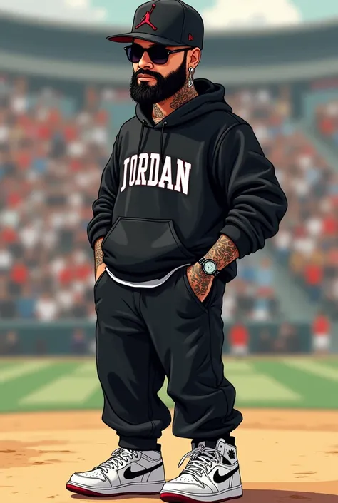  Beautiful Animated Cartoon , white man, black Jordan cap , black beard, sunglasses, earrings in dark circles ,  beautiful face,  neck tattoo , arms and hands ,  black IR Jordan flannel,beautiful black sweatpants, Air Jordan white shoes , sports watch, bea...