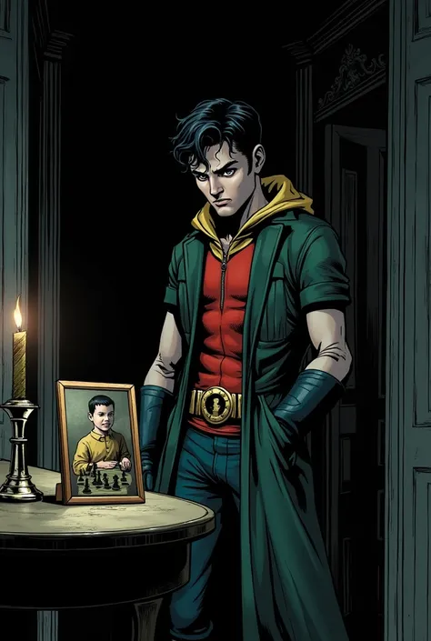 "A young Damian Wayne ,  Robin ,  standing thoughtfully in a dimly lit corridor of a classic mansion .  Contemplate a small photograph on a nearby table .  The Photo shows a younger Damian playing chess with Alfred Pennyworth .  The style should be similar...