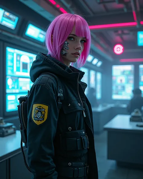 cyberpunk, cyberpunk detective, in cyberpunk police station, cyberpunk uniform, ,  pink hair,  cyberware on face, woman in 40s