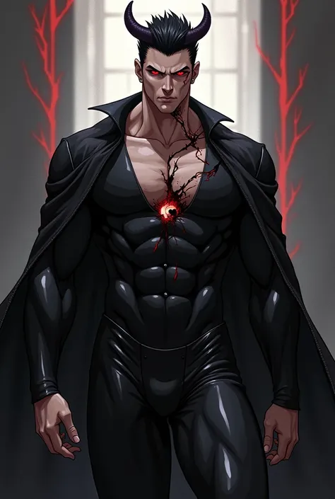 anime character:High image quality. 30 years old man.full body tight black tights．nothing skin． Muscular, Handsome man in a tight black latex suit handsome.asia handsome．black hair．red eye．King of Darkness．hair slicked back.short hair．A black liquid with a...