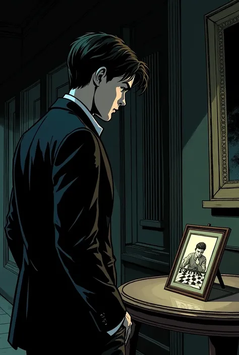 "A young Damian Wayne ,  standing thoughtfully in a dimly lit corridor of a classic mansion .  Contemplate a small photograph on a nearby table .  The Photo shows a younger Damian playing chess with Alfred Pennyworth .  The style should be similar the firs...