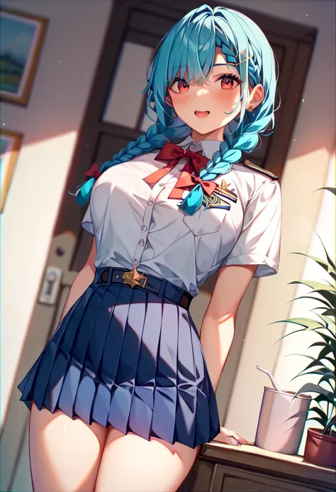 uncensored,nsfw、anime、  top quality  、 high image quality、  very detailed、Detailed 、 Perfect whole body, perfect overview、( One Girl 、Cyan blue hair 、Braids combined into one、 skirt 、Chairman、 red ribbon 、uniform、 standing)