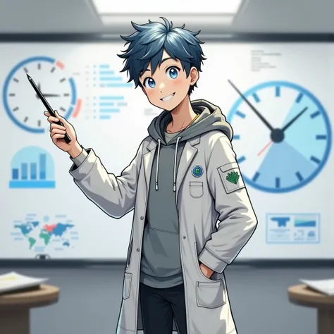 「A young male researcher character standing confidently, holding a pointer stick in one hand while pointing at a large clock illustration or whiteboard. The other hand is relaxed at his side, and he has a cheerful and knowledgeable expression. The characte...