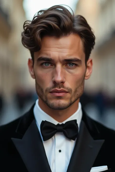  Take an image of a real person , with brown hair ,  warrior with blue eyes,  on a photo of Moscow City ,  a mans skin should be slightly smooth like after Photoshop.  And in general with beautiful colors . Tuxedo clothes , 