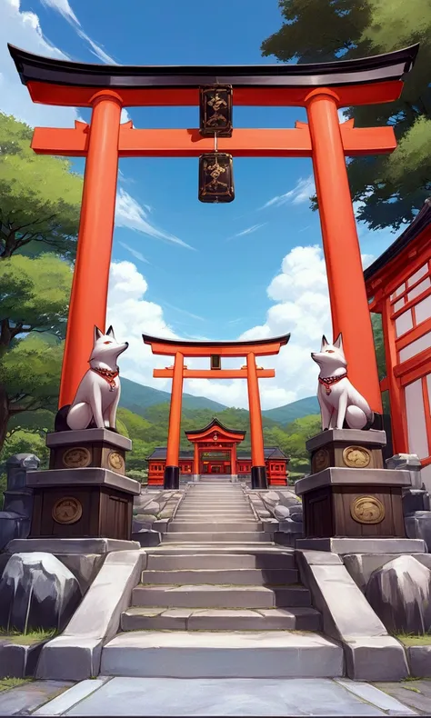 scenery, Japanese Shrine, Torii gate and stairs, Two fox statues are placed facing each other in front of the Torii gate , One white fox on the ground, Fantasy atmosphere