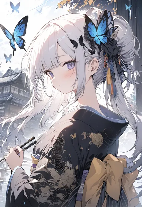  1 girl、 shortcuts、 multi colored hair((Half white and black ))、Butterfly Hair Ornament、kimono、 beautiful, Intricate ink painting style ,  dreamy and fantastic work conceptual art masterpiece ,  top quality ,  super detailed 