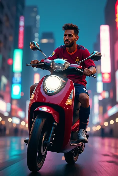 Create an image of neymar and messi, messi riding scooter and neymar on back seat 