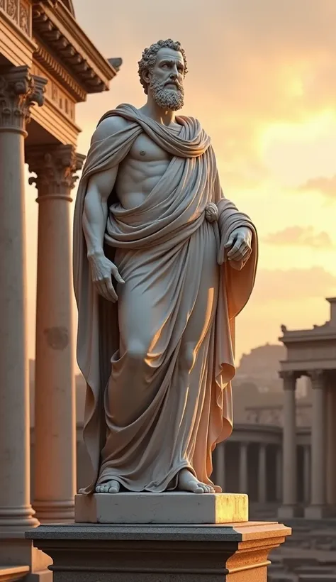 A marble statue of a Roman citizen draped in a traditional toga, standing tall on a pedestal. The background features the Roman forum at sunset, with golden hues illuminating the ancient architecture
