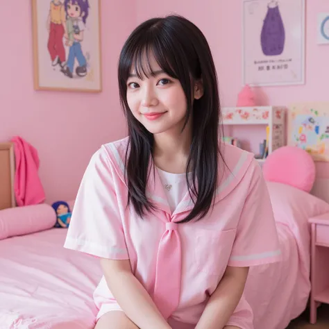 amateur shot took from a phone . a woman in a pink themed student room without make up,smiling at the camera, she has long  straight black hair with bangs,wearing a cosplay of anime girl. perfect body, natural face , pale skin