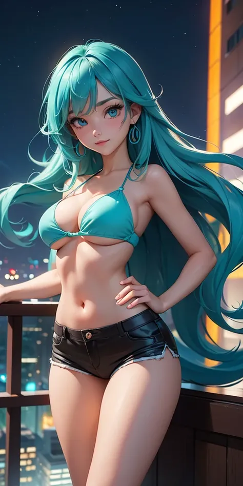 (masterpiece), best quality, night, expressive eyes, perfect face, 1girl, large breasts, Turquoise eyes, semi-long hair, turquoise hair color, thin smile, Looking at viewer, (black top), bikini top, tight shorts,  night city landscape on the background