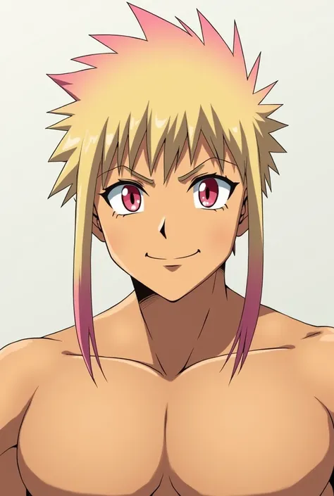 Shido is a tall, tanned young man with spiky blond hair with fading pink at the tips, having two strands falling on both sides of his face. He has pink colored irises with white slitted pupils in them like a cat, and he is of similar height and body buildi...