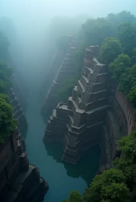 Aerial view of Agrasen ki Baoli, an ancient stepwell shrouded in dense mist,