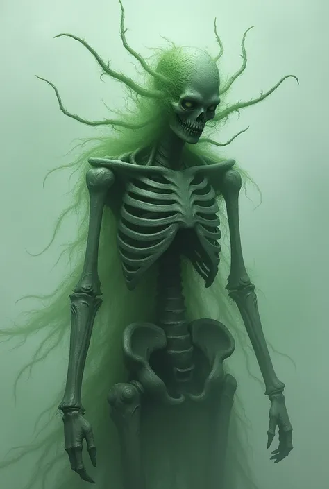 I WANT A DRAWING OF A OUTFIT WITH FOG AROUND HIS SHOULDERS HIS FACE LOOKS LIKE GHOST HIS BODY IS SKELETON COVERD WITH A GREEN BUG SUIT PICTURE FRONT AND BACK SIDE 