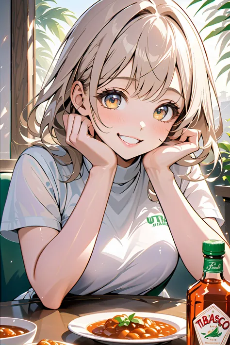 solo girl, lick the tabasco, grin, nose blush, family restaurant, seated at table, shiny skin, big eyes, beautiful fingers, (masterpiece, ultra detailed, top quality), anime.